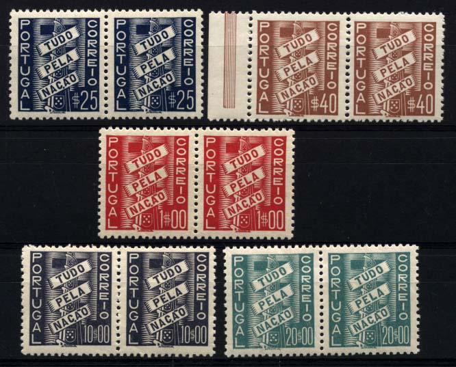 1303.jpg -     Lote:    1303            Portugal       Descrição:         1935/41 &mdash; Tudo pela Nação. CE570/74. Série completa. Valor de catálogo &euro; 438,00.        ***       Valor Base:     &euro; 80,00     Valor Venda:     &euro; 80,00     