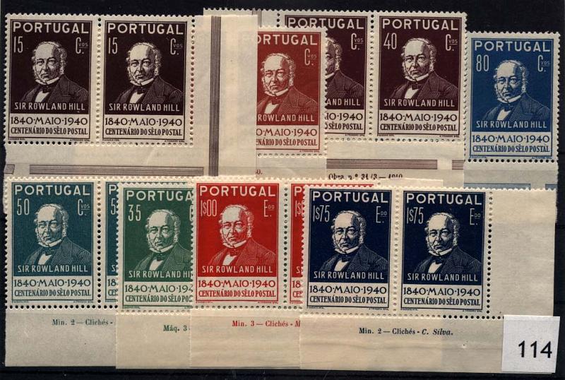 1311.jpg -     Lote:    1311            Portugal       Descrição:         1940 &mdash; 1.º Centenário do Selo Postal. CE599/606. Série completa em pares horizontais, com inscrições marginais. Valor de catálogo &euro; 280,00.        ***       Valor Base:     &euro; 50,00     Valor Venda:     &euro; 50,00     