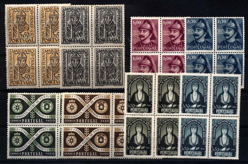 1340.jpg -     Lote:    1340            Portugal       Descrição:         1953 &mdash; Centenário de S. Martinho de Dume, Centenário de Guilherme Fernandes, Cinquentenário do ACP e Centenário da Princesa Santa Joana. CE778/785. As quatro séries completas em quadras. Valor de catálogo &euro; 421,80.        ***       Valor Base:     &euro; 60,00     Valor Venda:     Retirado     