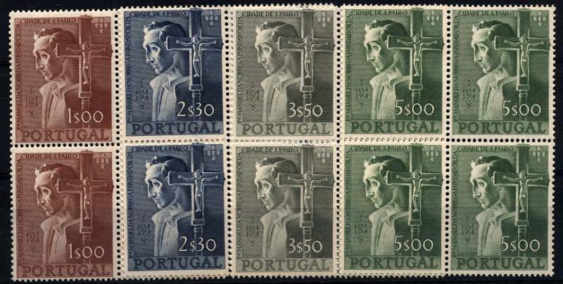 1343.jpg -     Lote:    1343            Portugal       Descrição:         1954 &mdash; 4.º Centenário da Fundação da Cidade de S. Paulo. CE802/805. Série completa em quadras. Valor de catálogo &euro; 960,00.        ***       Valor Base:     &euro; 140,00     Valor Venda:     Retirado     
