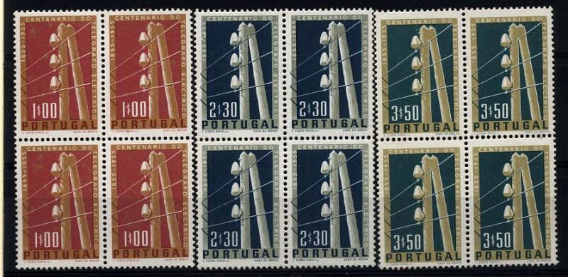 1345.jpg -     Lote:    1345            Portugal       Descrição:         1955 &mdash; 1.º Centenário do Telégrafo Eléctrico em Portugal. CE815/817. Série completa em quadras. Valor de catálogo &euro; 404,00.        ***       Valor Base:     &euro; 60,00     Valor Venda:     &euro; 60,00     