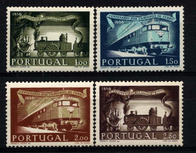 1346.jpg -     Lote:    1346            Portugal       Descrição:         1956 &mdash; 1.º Centenário dos Caminhos de Ferro Portugueses. CE821/824. Série completa. Valor de catálogo &euro; 168,00.        ***       Valor Base:     &euro; 24,00     Valor Venda:     &euro; 24,00     