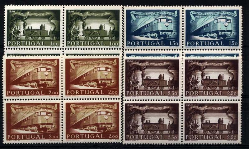 1347.jpg -     Lote:    1347            Portugal       Descrição:         1956 &mdash; 1.º Centenário dos Caminhos de Ferro de Portugal. CE821/824. Série completa em quadras. Valor de catálogo &euro; 672,00.        ***       Valor Base:     &euro; 100,00     Valor Venda:     Retirado     