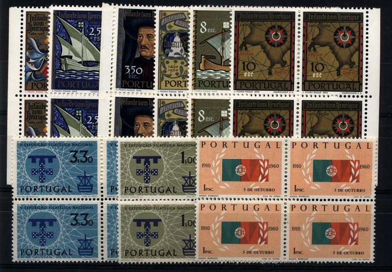 1352.jpg -     Lote:    1352            Portugal       Descrição:         1960 &mdash; Centenário da Morte do Infante D. Henrique + 5.ª Exposição Filatélica + Cinquentenário da República. CE863/868, 871/873. Três séries completas em quadras. Valor de catálogo &euro; 294,60.        ***       Valor Base:     &euro; 44,00     Valor Venda:     Retirado     