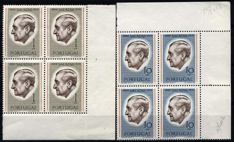 1357.jpg -     Lote:    1357            Portugal       Descrição:         1971 &mdash; Presidente Salazar. CE1106 e 1108. Quadras dos valores de 1E e 10E em denteado 12. Cantos de folha. MB. Valor de catálogo &euro; 848,20.        ***       Valor Base:     &euro; 100,00     Valor Venda:     &euro; 160,00     