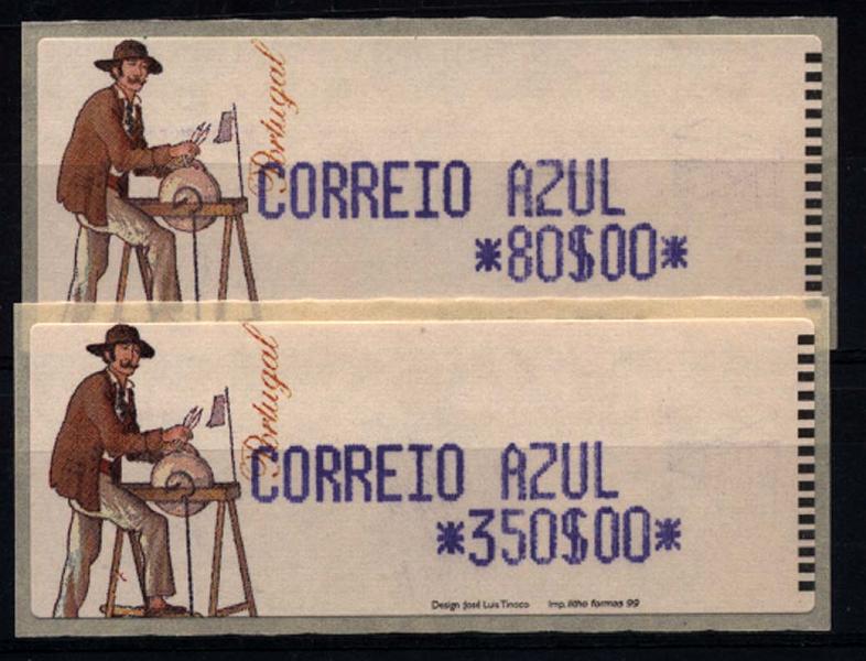 1372.jpg -     Lote:    1372            Portugal       Descrição:         1999 &mdash; Amolador. CE ETQ18. Série completa para o Correio Azul, para o ano de 1999, com as taxas impressas a violeta. Não catalogada        ETQ       Valor Base:     &euro; 100,00     Valor Venda:     Retirado     