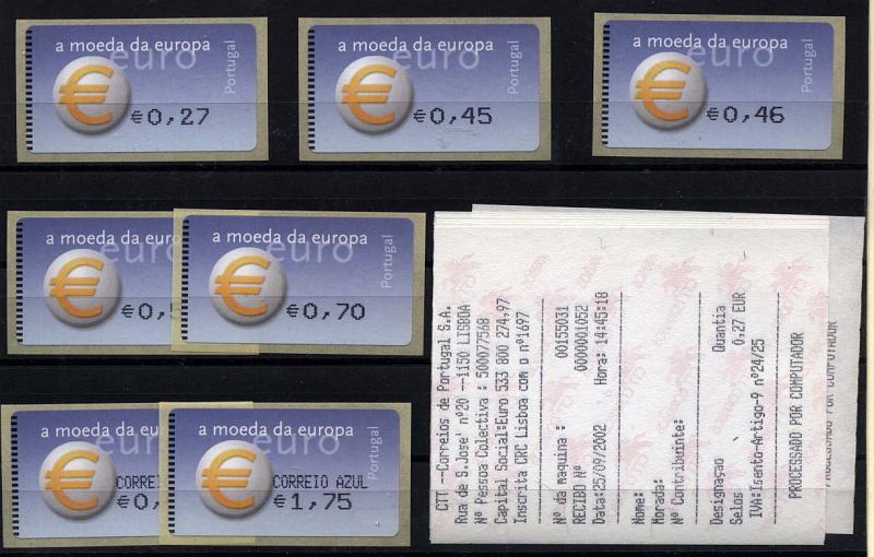 1378.jpg -     Lote:    1378            Portugal       Descrição:         2002 &mdash; Símbolo do Euro. Máquina AMIEL. CE ETQ23A. Série completa correio ordinário e correio azul. Impressão a preto. Acompanha os recibos da máquina (25.09.2002). Valor de catálogo &euro; 210,00.        ETQ       Valor Base:     &euro; 40,00     Valor Venda:     &euro; 75,00     
