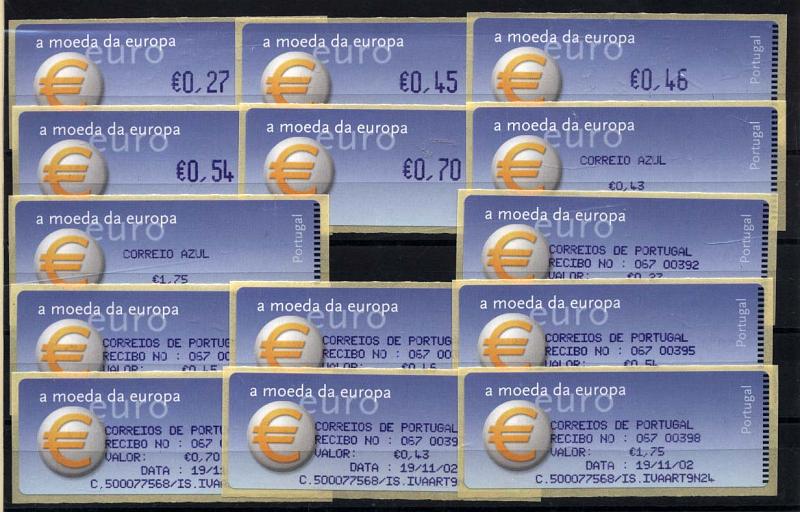 1379.jpg -     Lote:    1379            Portugal       Descrição:         2002 &mdash; Símbolo do Euro. Máquina CROUZET. CE ETQ24. Série completa correio ordinário e correio azul, com recibos. Valor de catálogo &euro; 33,00.        ETQ       Valor Base:     &euro; 5,00     Valor Venda:     &euro; 5,00     