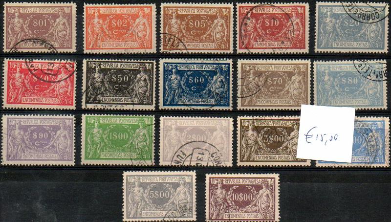 1418.jpg -     Lote:    1418            Portugal       Descrição:         1920/22 &mdash; Encomendas Postais. Comércio e Indústria. CE EP 1/17. Série completa. Valor de catálogo &euro; 70,40.        O       Valor Base:     &euro; 15,00     Valor Venda:     &euro; 18,00     