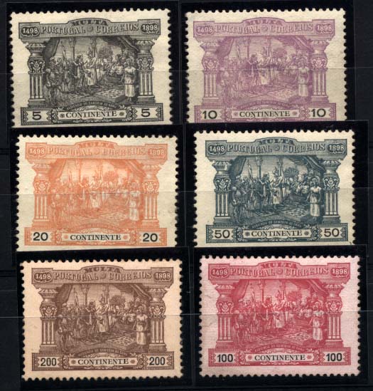 1419.jpg -     Lote:    1419            Portugal       Descrição:         1898 &mdash; 4.º Centenário do Descobrimento do Caminho Marítimo para a Índia. Porteado. CE1/6. Série completa. Selos regomados. Valor de catálogo &euro; 402,00.        RG**       Valor Base:     &euro; 50,00     Valor Venda:     &euro; 65,00     