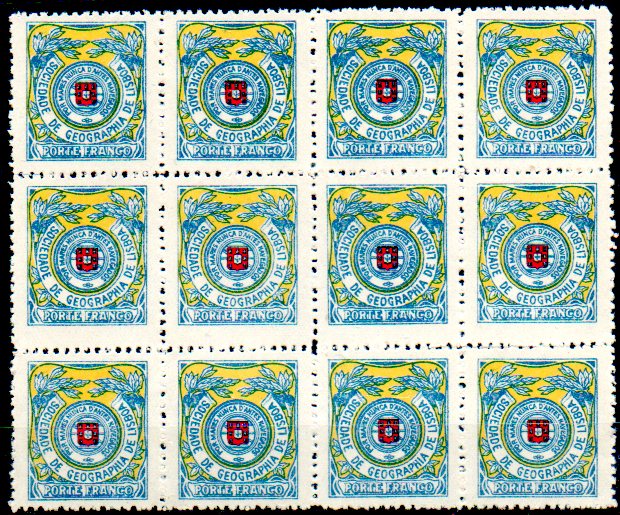 1422.jpg -     Lote:    1422            Portugal       Descrição:         1933 &mdash; Porte Franco. Sociedade de Geografia de Lisboa. Emblema da Sociedade com Coroa Real. CE2. Bloco de 12 reimpressões de 1933 (legenda PORTE FRANCO sobre fundo branco). MB e R. Valor de catálogo &euro; 504,00.        R***       Valor Base:     &euro; 65,00     Valor Venda:     &euro; 190,00     