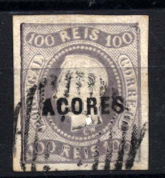 1432.jpg -     Lote:    1432            Açores       Descrição:         1868 &mdash; D. Luís I. Fita curva, não denteado, com sobrecarga "AÇORES". CE6, 100 reis lilás malva, com boas margens. Valor de catálogo &euro; 237,00.        O       Valor Base:     &euro; 30,00     Valor Venda:     &euro; 30,00     