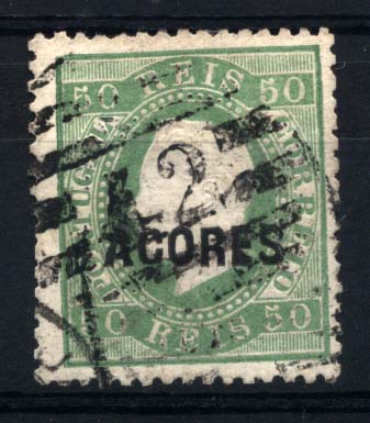 1435.jpg -     Lote:    1435            Açores       Descrição:         1871/1876 &mdash; D. Luís I. Fita direita. Sobrecarga AÇORES. CE20, 50 reis verde, denteado 12 &frac12;. Sobrecarga tipo B. Carimbo numérico da 2.ª reforma, batido a preto 42 &mdash; ANGRA DO HEROÍSMO. Valor de catálogo &euro; 55,30.        O       Valor Base:     &euro; 10,00     Valor Venda:     &euro; 18,00     
