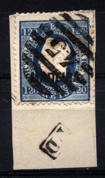 1436.jpg -     Lote:    1436            Açores       Descrição:         1871/76 &mdash; D. Luís I, fita direita, com sobrecarga MADEIRA. CE21, 120 reis azul, denteado 12 &frac12;, sobrecarga B. Fragmento com selo obliterado com carimbo da 2.ª reforma n.º 45 &mdash; FUNCHAL + carimbo P D. Valor de catálogo &euro; 138,00.        FRG       Valor Base:     &euro; 18,00     Valor Venda:     Retirado     