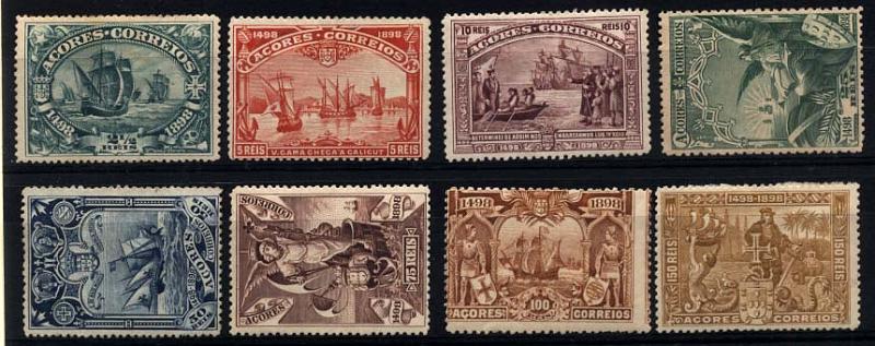 1440.jpg -     Lote:    1440            Açores       Descrição:         1898 &mdash; 4.º Centenário do Descobrimento do Caminho Marítimo para a Índia. CE88/95. Série completa. Valor de catálogo &euro; 146,00.        **       Valor Base:     &euro; 20,00     Valor Venda:     &euro; 24,00     