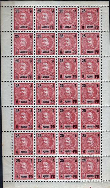 1441.jpg -     Lote:    1441            Açores       Descrição:         1906 &mdash; D. Carlos I tipo Mouchon. CE100, 25 reis carmim. Folha completa de 28 selos. Valor de catálogo &euro; 25,20.        ***       Valor Base:     &euro; 5,00     Valor Venda:     &euro; 14,00     