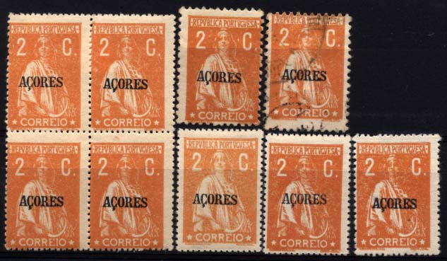 1446.jpg -     Lote:    1446            Açores       Descrição:         1918/21 &mdash; Ceres. Selos do Continente com sobrecarga "Açores". CE166, 2C laranja a amarelo laranja em papel cartolina. Lote composto por quadra + 3 selos em denteado 15x14 + 2 selos (um novo e um usado) em denteado 12x11 &frac12;. Valor de catálogo &euro; 171,00.        ***/O       Valor Base:     &euro; 25,00     Valor Venda:     Retirado     