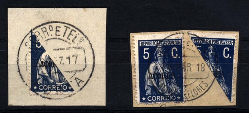1450.jpg -     Lote:    1450            Açores       Descrição:         Carimbos circulares datados. 1912/13 &mdash; Ceres. Selos do Continente com sobrecarga "AÇORES". CE155, 5C azul escuro, denteado 15x14. Lote composto por dois fragmentos: um com selo bipartido em papel liso e outro com selo inteiro + selo bipartido em papel porcelana, obliterado com CCD batido a preto de "LAGES DAS FLORES".        FRG       Valor Base:     &euro; 20,00     Valor Venda:     Retirado     
