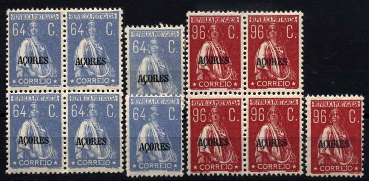 1454.jpg -     Lote:    1454            Açores       Descrição:         1924/26 &mdash; Ceres. Selos do Continente com sobrecarga "Açores". CE207/209.Conjunto de selos composto por: uma quadra, um par e dois selos isolados de 64 ctvs azul CE20; e quadra e um selo isolado de 96 ctvs carmim CE209. Valor de catálogo &euro; 105.25.         **/***       Valor Base:     &euro; 16,00     Valor Venda:     &euro; 18,00     