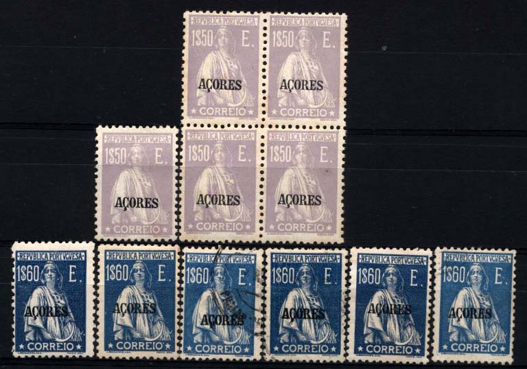 1455.jpg -     Lote:    1455            Açores       Descrição:         1924/26 &mdash; Ceres. Selos do Continente com sobrecarga "Açores". CE212/213.Conjunto de selos composto por: quadra sem charneira (dois selos com ponto de óxido) e um selo novo de 1$50 CE212 e cinco selos novos (tonalidades de cor) e um usado de 1$60 CE213. Valor de catálogo &euro; 119,50.         **/O       Valor Base:     &euro; 15,00     Valor Venda:     Retirado     