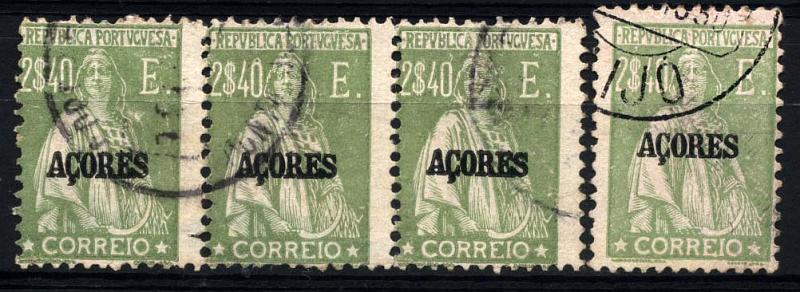 1457.jpg -     Lote:    1457            Açores       Descrição:         1924/26 &mdash; Ceres. Selos do Continente com sobrecarga "Açores". CE214, 2$40 verde seda. Conjunto de selos composto por quatro selos usados (uma tira horizontal de 3 selos). Valor de catálogo &euro; 233,20.        **/O       Valor Base:     &euro; 300,00     Valor Venda:     Retirado     