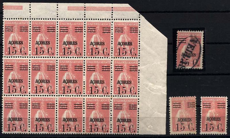 1459.jpg -     Lote:    1459            Açores       Descrição:         1929/30 &mdash; Ceres. Selos do Continente com sobrecarga "Açores" e sobretaxa. CE286, 15 ctvs s/25 ctvs, rosa. Conjunto composto de bloco de 15 selos (5x3), canto superior direito de folha, dois selos isolados e selo obliterado com carimbo nominativo batido a preto de VELLAS. Valor de catálogo &euro; 43,35.        ***/O       Valor Base:     &euro; 15,00     Valor Venda:     Retirado     