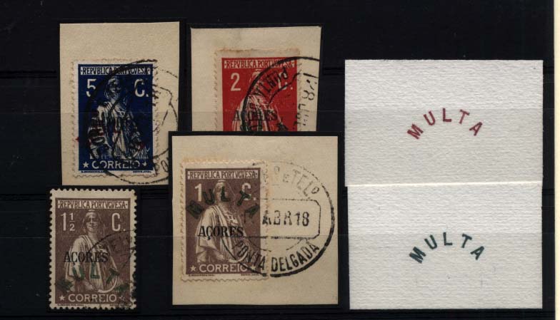 1466.jpg -     Lote:    1466            Açores       Descrição:         1913/21 &mdash; Ceres. Selos do Continente com sobrecarga AÇORES + sobrecarga MULTA. Lote de um selo + quatro fragmentos: selo de 1 &frac12; C castanho CE152 + dois fragmentos com selos de 5C azul CE155 + fragmento com selo de 1C castanho CE164 + fragmento com selo de 2C carmim CE153. Selos com sobrecargas MULTA não emitidos oficialmente batidas a verde e vermelho.        O/ FRG       Valor Base:     &euro; 20,00     Valor Venda:     &euro; 28,00     