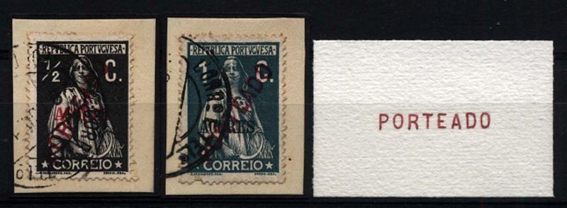 1467.jpg -     Lote:    1467            Açores       Descrição:         1913 &mdash; Ceres. Selos do Continente com sobrecarga AÇORES + sobrecarga PORTEADO. Lote de dois fragmentos, um com selo de &frac12; C preto e outro com selo de 1C verde CE150/151, em denteado 15x14, papel porcelana. Selos com sobrecarga PORTEADO, não emitidos oficialmente.        FRG       Valor Base:     &euro; 12,00     Valor Venda:     &euro; 12,00     