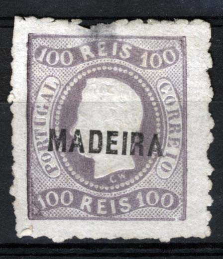 1470.jpg -     Lote:    1470            Madeira       Descrição:         1868/70 &mdash; D. Luís I. Fita curva. Denteados. CE4, 100 reis lilás malva, com sobrecarga A e denteado em cruz, com adelgaçamento. Certificado da RPSL. MR.        *       Valor Base:     &euro; 75,00     Valor Venda:     Retirado     
