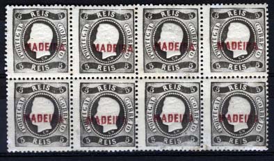 1471.jpg -     Lote:    1471            Madeira       Descrição:         1868/1870 &mdash; D. Luís I, fita curva. Denteados. Selos do Continente com sobrecarga MADEIRA a vermelho. CE5, 5 reis preto. Bloco de oito selos. Valor de catálogo &euro; 782,40. MB e R.        ***       Valor Base:     &euro; 120,00     Valor Venda:     Retirado     