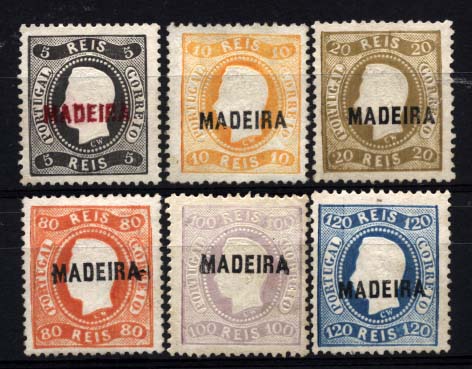 1473.jpg -     Lote:    1473            Madeira       Descrição:         1868/70 &mdash; D. Luís I. Fita curva. Denteados. Selos do Continente com sobrecarga MADEIRA. CE5/7, 10/12. Selos regomados. Valor de catálogo &euro; 1.325,80.        RG***       Valor Base:     &euro; 150,00     Valor Venda:     &euro; 150,00     
