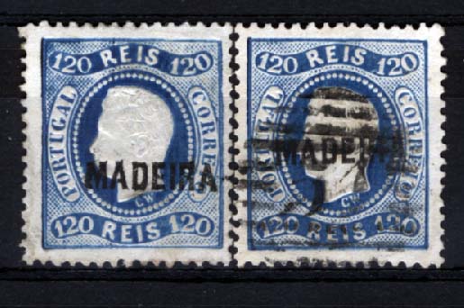 1474.jpg -     Lote:    1474            Madeira       Descrição:         1871/76 &mdash; D. Luís I, fita curva, denteado. CE12, 120 reis azul. Lote de dois selos: um em estado novo, com a goma irregular e outro usado, obliterado com carimbo da 1.ª reforma 51 &mdash; FUNCHAL. Valor de catálogo 342,00.        */O       Valor Base:     &euro; 50,00     Valor Venda:     Retirado     