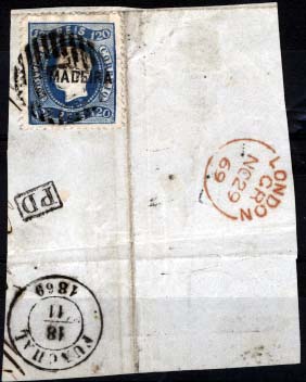 1475.jpg -     Lote:    1475            Madeira       Descrição:         1868/1870 &mdash; D. Luís I, fita curva, denteados. CE12, 120 reis azul, em grande fragmento de carta circulada do Funchal (18.11.69) para Londres (29.11.69). MB.        FRG       Valor Base:     &euro; 20,00     Valor Venda:     &euro; 26,00     