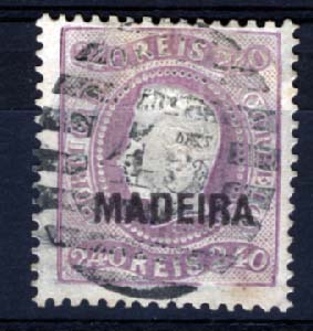 1476.jpg -     Lote:    1476            Madeira       Descrição:         1868/70 &mdash; D. Luís I. Fita curva. Denteados. CE13, 240 reis lilás, denteado 12 &frac12;. Sobrecarga C em vez da sobrecarga tipo A. Selo usado, obliterado com carimbo da 2.ª reforma 45 &mdash; FUNCHAL. Selo com sobrecarga clandestina.        O       Valor Base:     &euro; 30,00     Valor Venda:     &euro; 32,00     