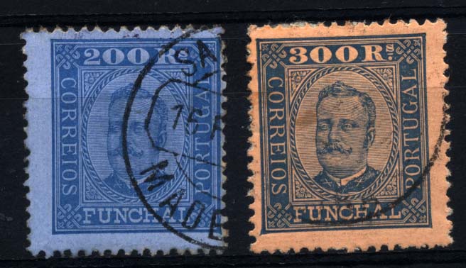 1484.jpg -     Lote:    1484            Madeira       Descrição:         1892/93 &mdash; D. Carlos I tipo Diogo Neto. Tipos de Portugal com legenda FUNCHAL. CE11/12. Lote de dois selos usados de 200 e 300 reis. Valor de catálogo &euro; 151,70.        O       Valor Base:     &euro; 25,00     Valor Venda:     &euro; 40,00     