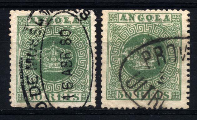 1493.jpg -     Lote:    1493            Angola       Descrição:         1870/76 &mdash; Tipo Coroa. CE6, 50 reis verde, denteado 13 &frac12;. Lote de dois selos com ligeiros defeitos (dentes curtos). Obliterados com carimbo de dupla oval "CORREIOS DE MOSSAMEDES" e " PROVÍNCIAS ULTRAMARINAS". Valor de catálogo &euro; 1.680,00.        O       Valor Base:     &euro; 90,00     Valor Venda:     &euro; 90,00     