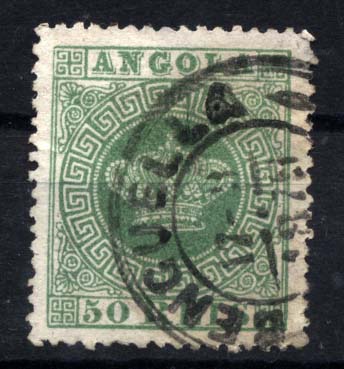 1494.jpg -     Lote:    1494            Angola       Descrição:         1870/77 &mdash; Tipo Coroa. CE6, 50 reis verde, papel fino, denteado 13 &frac12;, obliterado com carimbo de duplo círculo com palmas. Valor de catálogo &euro; 840,00.        O       Valor Base:     &euro; 60,00     Valor Venda:     &euro; 60,00     