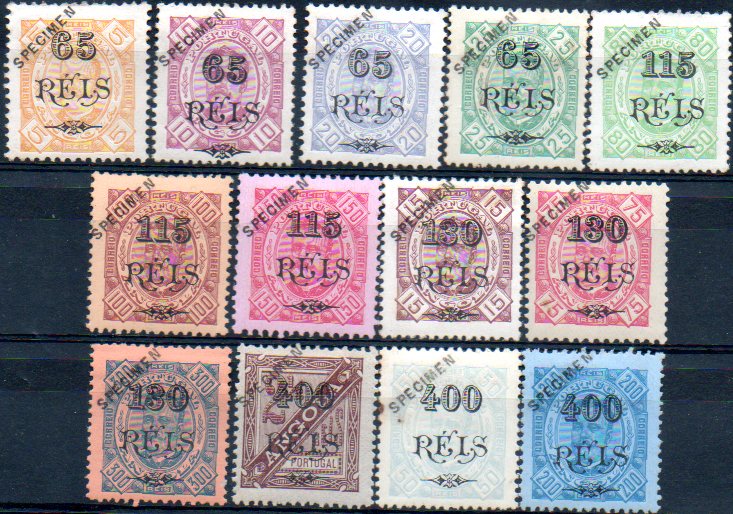 1499.jpg -     Lote:    1499            Angola       Descrição:         1902 &mdash; D. Carlos I tipo Diogo Neto com sobretaxa. CE62/73. Série completa com selos originais distribuídos com as reimpressões de 1905, com sobrecarga oblíqua a preto "SPECIMEN". Alguns selos com pontos de óxido. Lote a ver.        **       Valor Base:     &euro; 150,00     Valor Venda:     &euro; 220,00     