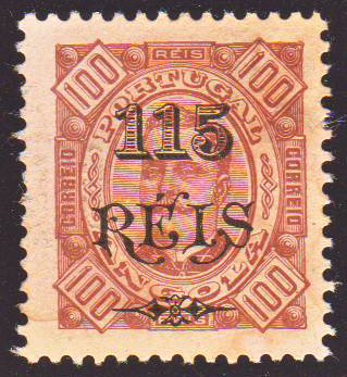1500.jpg -     Lote:    1500            Angola       Descrição:         1902 &mdash; D. Carlos I tipo Diogo Neto, com sobretaxa. CE67, 115 s/ 100 reis castanho s/ castanho claro, denteado 11 &frac12;. Valor de catálogo &euro; 300,00.        *       Valor Base:     &euro; 75,00     Valor Venda:     &euro; 120,00     
