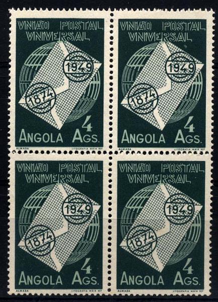 1519.jpg -     Lote:    1519            Angola       Descrição:         1949 &mdash; 75.º Aniversário da União Postal Universal. CE320, 4 Ags, verde escuro. Quadra. Valor de catálogo &euro; 70,56.        ***       Valor Base:     &euro; 15,00     Valor Venda:     Retirado     
