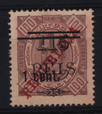 1524.jpg -     Lote:    1524            Angola       Descrição:         1919 &mdash; Não emitidos. D. Carlos I tipo Diogo Neto com sobretaxa de 1902 + sobrecarga REPUBLICA da Casa da Moeda + nova sobretaxa. Selo de 1 cent s/ 115 reis s/ 100 reis castanho. Não emitido.        *       Valor Base:     &euro; 25,00     Valor Venda:     &euro; 42,00     