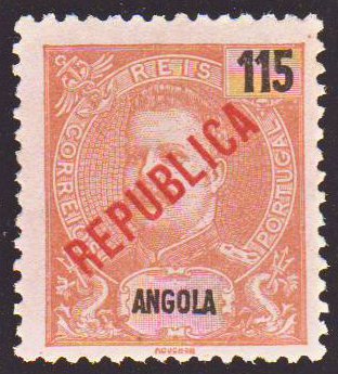 1527.jpg -     Lote:    1527            Angola       Descrição:         1914 &mdash; Não emitidos. D. Carlos I, com sobrecarga REPUBLICA local. CE NE1, 115 reis laranja s/ rosa. Valor de catálogo &euro; 150,00.        *       Valor Base:     &euro; 40,00     Valor Venda:     &euro; 44,00     