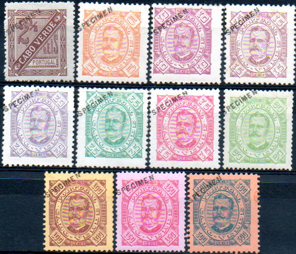 1531.jpg -     Lote:    1531            Cabo Verde       Descrição:         1892/95 &mdash; D. Carlos I tipo Diogo Neto. CE24/29, 31/34 e 36. Lote de 11 selos originais distribuídos com as reimpressões de 1905, com sobrecarga oblíqua a preto "SPECIMEN". Lote a ver.        **       Valor Base:     &euro; 100,00     Valor Venda:     &euro; 120,00     
