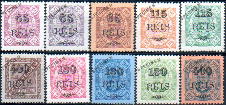 1534.jpg -     Lote:    1534            Cabo Verde       Descrição:         1902 &mdash; D. Carlos I tipo Diogo Neto, com sobretaxa. CE61/65, 67/68, 69/70. Lote com 10 selos originais distribuídos com as reimpressões de 1905, com sobrecarga oblíqua a preto "SPECIMEN". MB e R. Lote a ver.        **       Valor Base:     &euro; 100,00     Valor Venda:     &euro; 160,00     