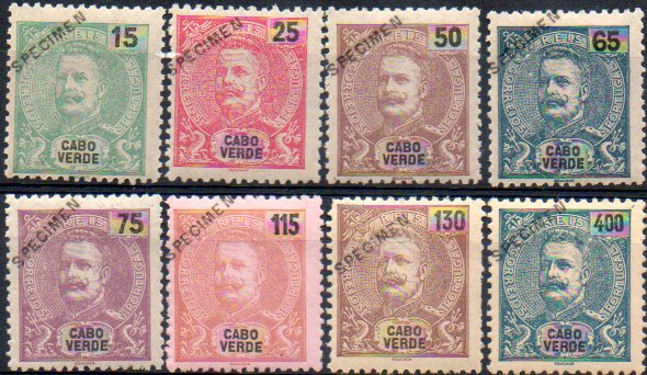 1536.jpg -     Lote:    1536            Cabo Verde       Descrição:         1903 &mdash; D. Carlos I tipo Mouchon. Novas cores e valores. CE77/84. Série completa com selos originais distribuídos com as reimpressões de 1905, com sobrecarga oblíqua a preto "SPECIMEN". MB e R. Lote a ver.        **       Valor Base:     &euro; 120,00     Valor Venda:     &euro; 220,00     