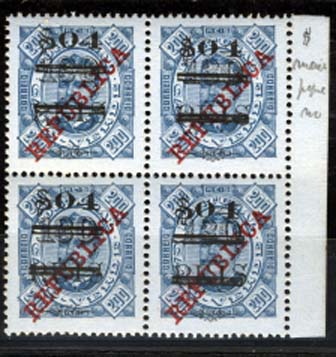 1538.jpg -     Lote:    1538            Cabo Verde       Descrição:         1922 &mdash; D. Carlos I, com sobretaxa. CE186, $04 s/ 400 reis s/ 200 reis azul s/ azul, denteado 13 &frac12;. Quadra, bordo de folha, com $ pequeno num dos selos. Valor de catálogo &euro; 20,06.        ***       Valor Base:     &euro; 10,00     Valor Venda:     &euro; 22,00     