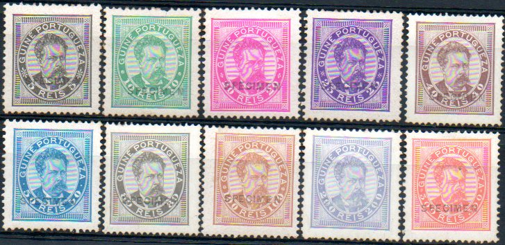 1539.jpg -     Lote:    1539            Guiné       Descrição:         1886 &mdash; D. Luís I. CE24/33. Série completa com selos originais distribuídos com as reimpressões de 1905, com sobrecarga horizontal a preto "SPECIMEN". Selos com alguns pontos de óxido no verso. MR. Lote a ver.        **       Valor Base:     &euro; 250,00     Valor Venda:     &euro; 320,00     