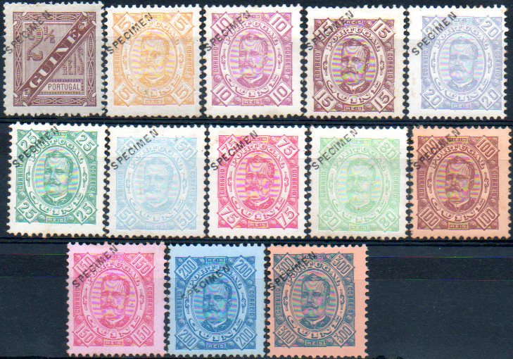 1541.jpg -     Lote:    1541            Guiné       Descrição:         1892/93 &mdash; D. Carlos I tipo Diogo Neto. CE34/46. Série completa com selos originais distribuídos com as reimpressões de 1905, com sobrecarga a preto "SPECIMEN". Selos com pontos de óxido no verso. MR. Lote a ver.        **/*       Valor Base:     &euro; 150,00     Valor Venda:     &euro; 260,00     