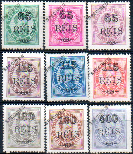 1543.jpg -     Lote:    1543            Guiné       Descrição:         1903 &mdash; D. Luís I, com sobretaxa. CE62/69 e 71. Lote com 9 selos originais distribuídos com as reimpressões de 1905, com sobrecarga oblíqua a preto "SPECIMEN". Alguns selos com pontos de óxido no verso. R. Lote a ver.        **       Valor Base:     &euro; 65,00     Valor Venda:     &euro; 140,00     