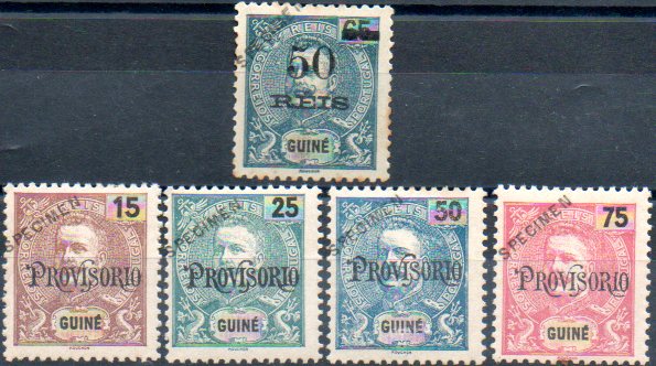 1544.jpg -     Lote:    1544            Guiné       Descrição:         1902/05 &mdash; D. Carlos I tipo Mouchon, com sobrecarga "PROVISÓRIO" + D. Carlos I com sobretaxa. CE85/88 e CE97. Séries completas com selos originais distribuídos com as reimpressões de 1905, com sobrecarga oblíqua a preto "SPECIMEN". MB e R.        **       Valor Base:     &euro; 50,00     Valor Venda:     &euro; 110,00     